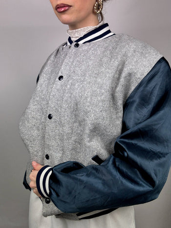 Bomber bi matière gris et marine L vintage