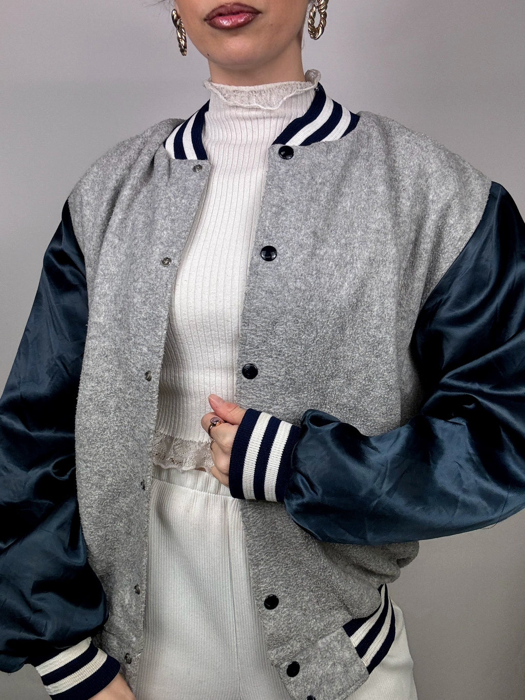 Vintage grey and navy two-material bomber jacket L