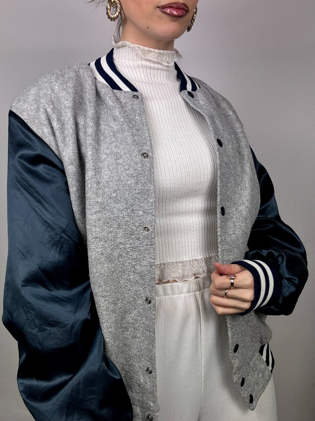 Vintage grey and navy two-material bomber jacket L