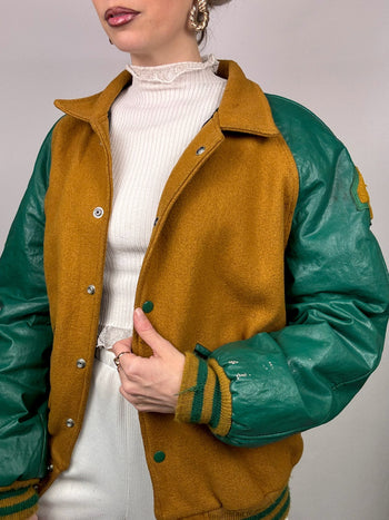 Bomber bi matière camel et vert S/M vintage