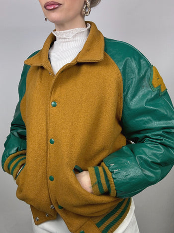 Bomber bi matière camel et vert S/M vintage