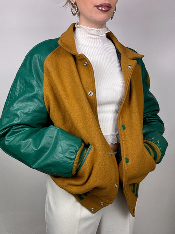 Bomber bi matière camel et vert S/M vintage