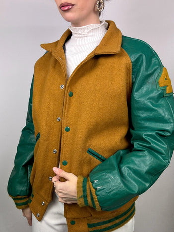 Bomber bi matière camel et vert S/M vintage