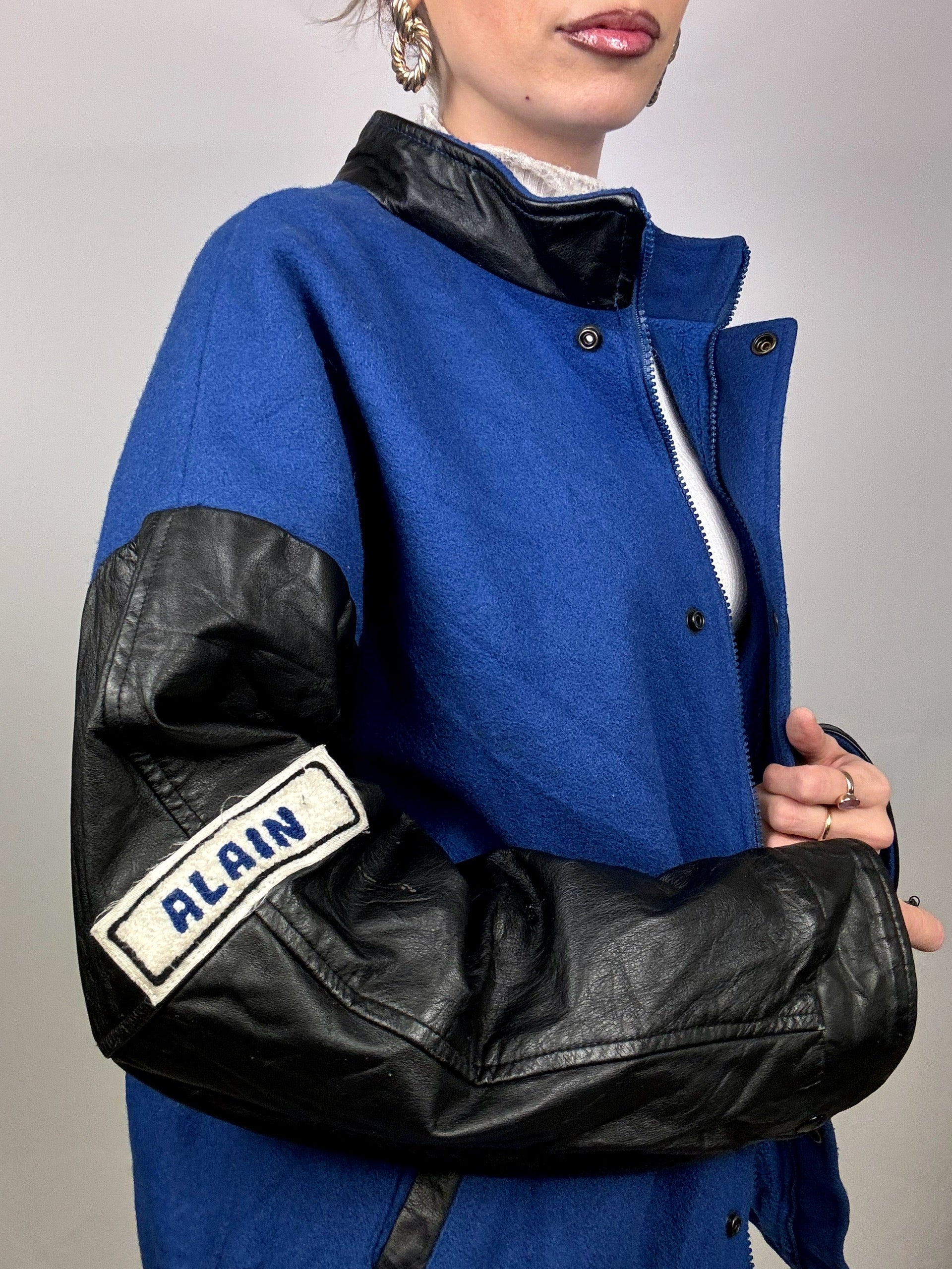 Vintage blau-schwarze Zwei-Material-Bomberjacke L