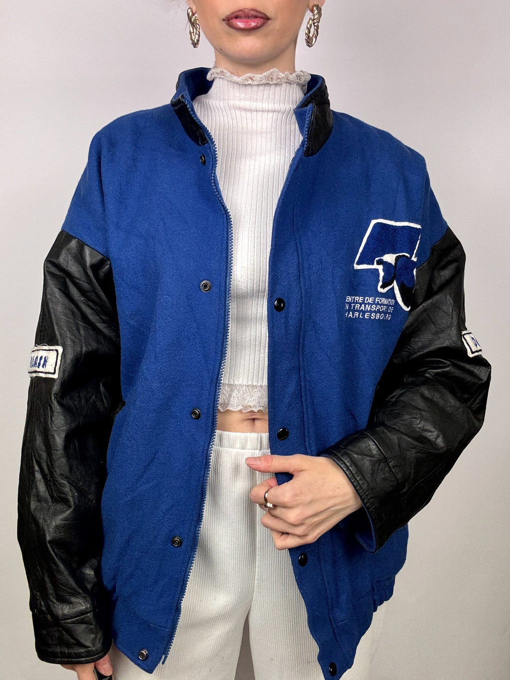 Vintage blau-schwarze Zwei-Material-Bomberjacke L