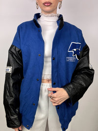 Vintage blau-schwarze Zwei-Material-Bomberjacke L