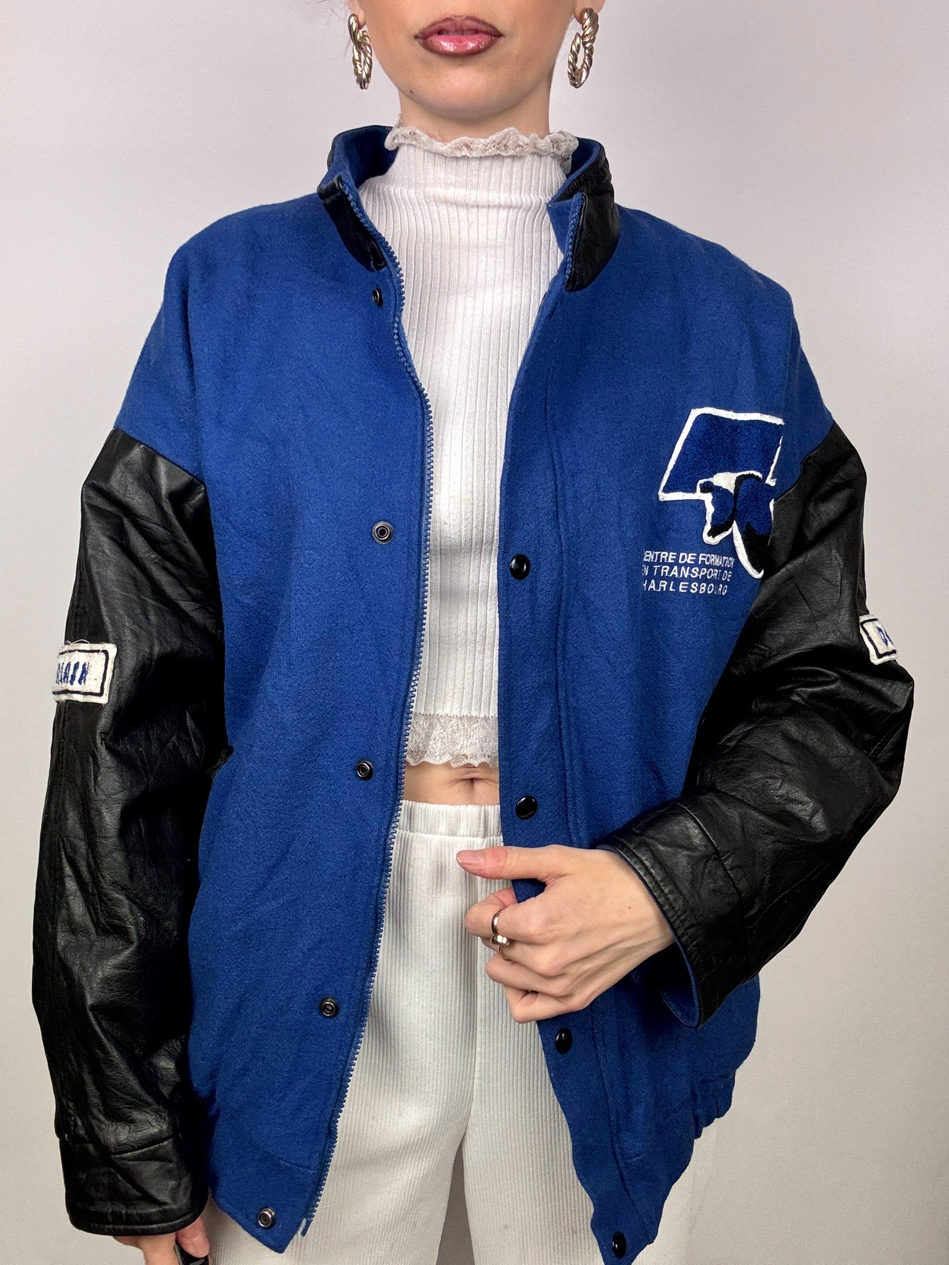 Vintage blau-schwarze Zwei-Material-Bomberjacke L