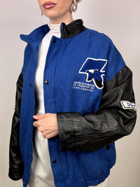 Vintage blau-schwarze Zwei-Material-Bomberjacke L