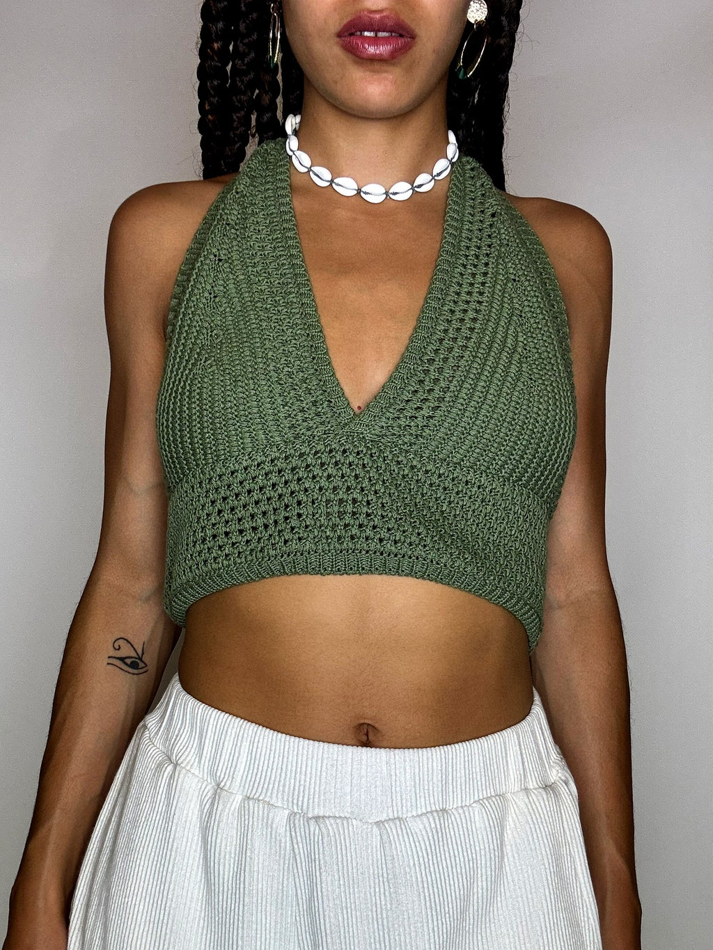 Vintage-Häkeltop in Khaki, Größe M 