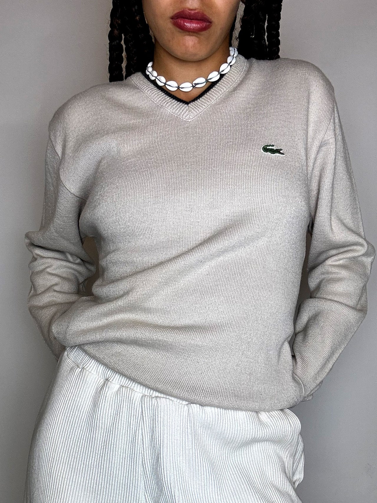 LACOSTE S vintage black V-neck wool sweater