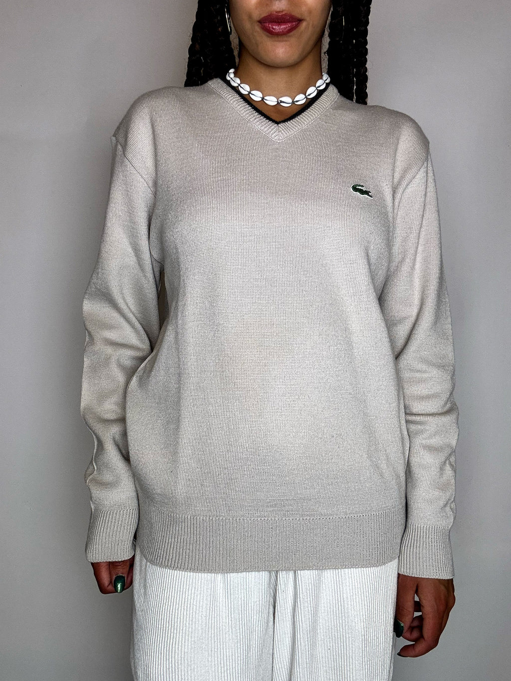 LACOSTE S vintage black V-neck wool sweater