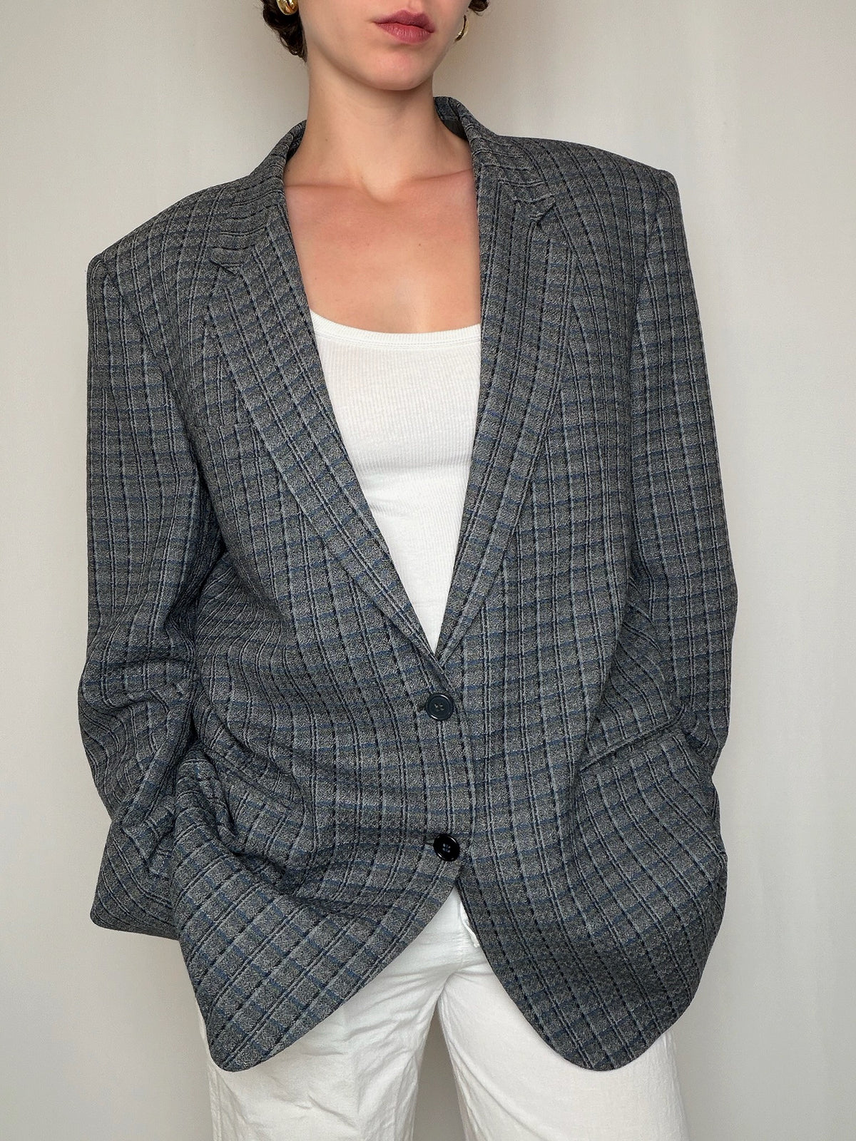 Blazer gris/bleu à carreaux vintage