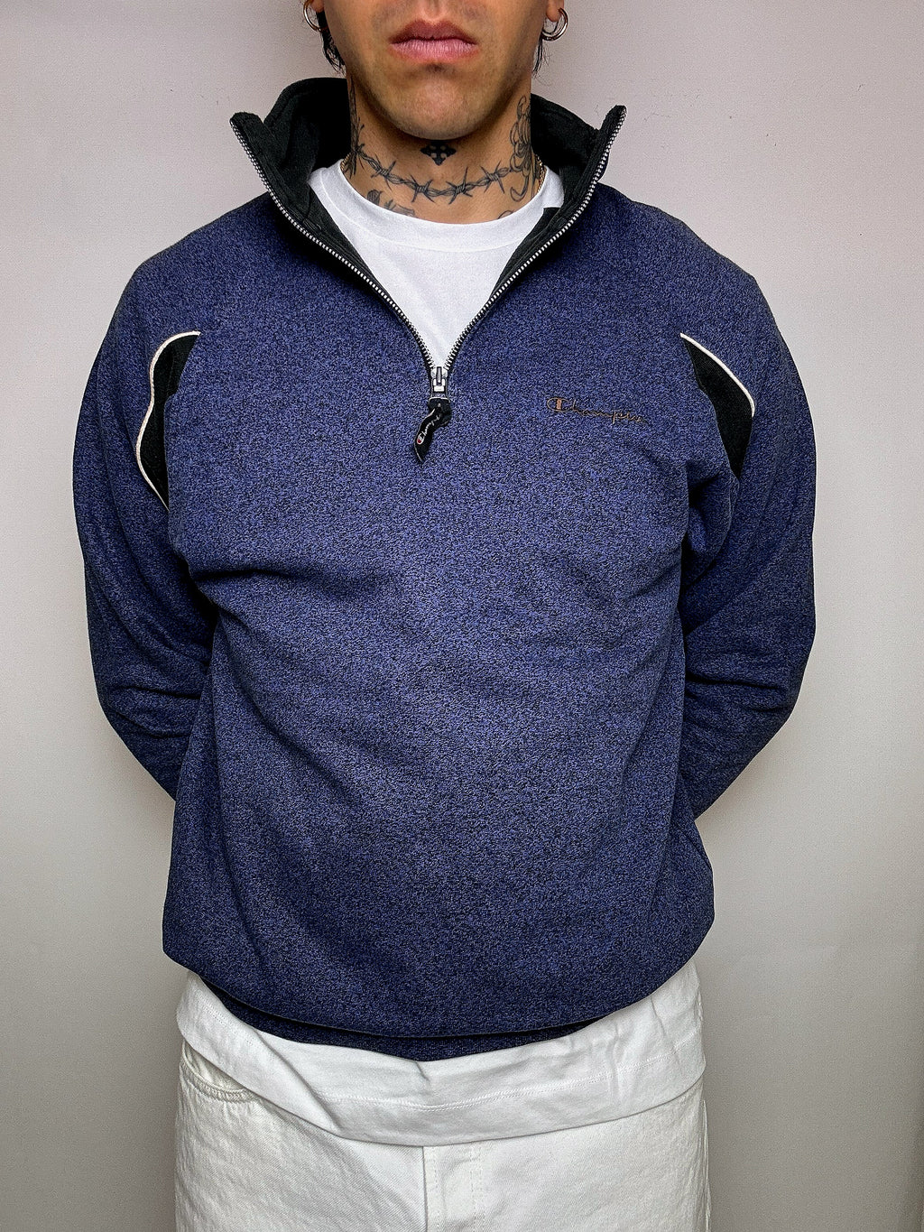 Sweat à zip bleu chiné CHAMPION XL vintage