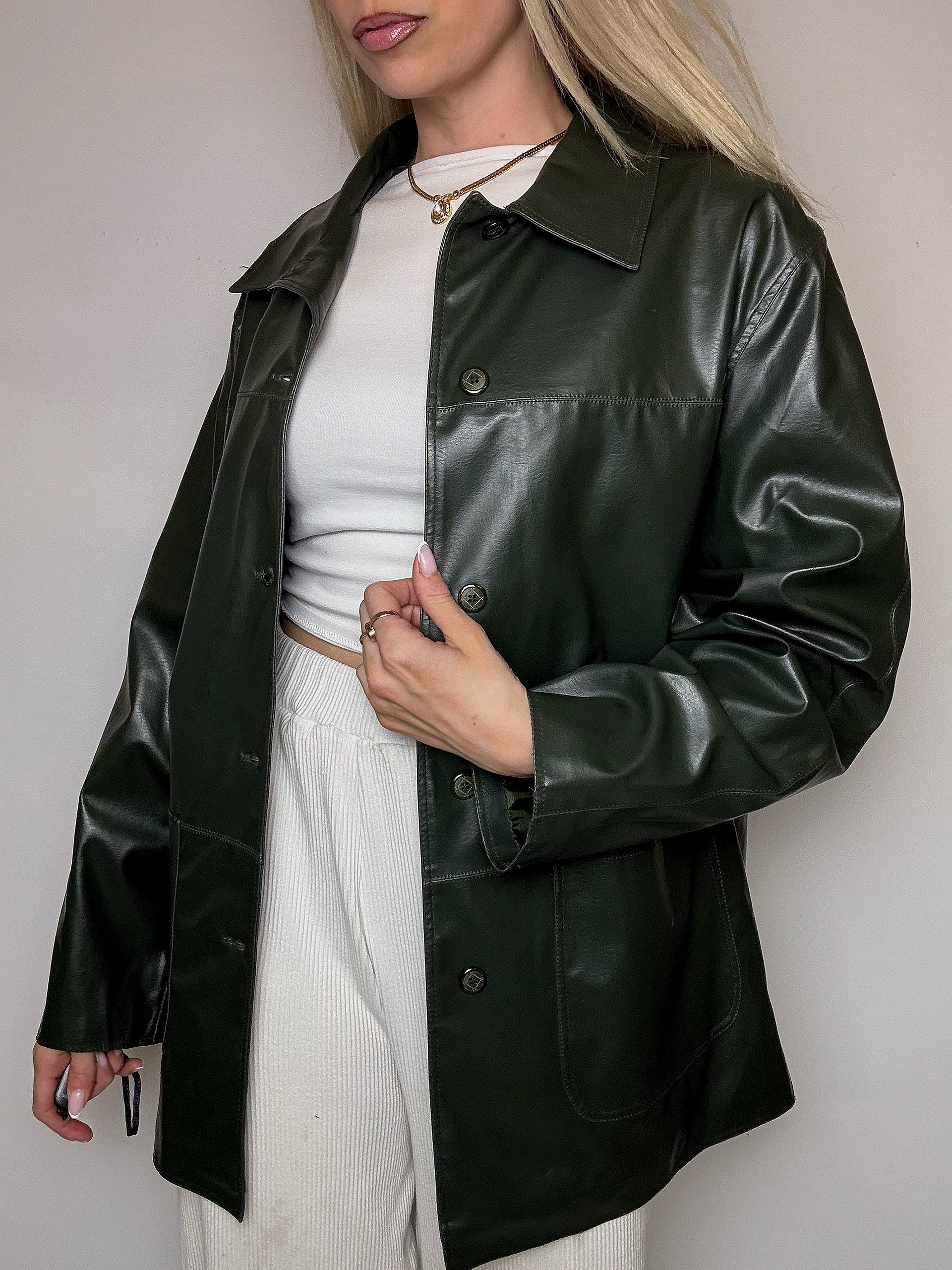 Veste en cuir droite verte L vintage