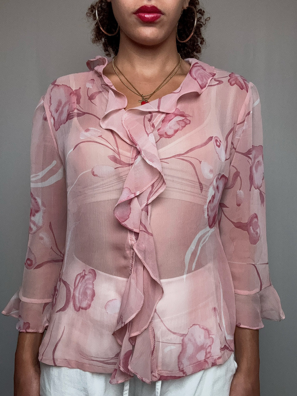 Chemisier à volants rose M vintage