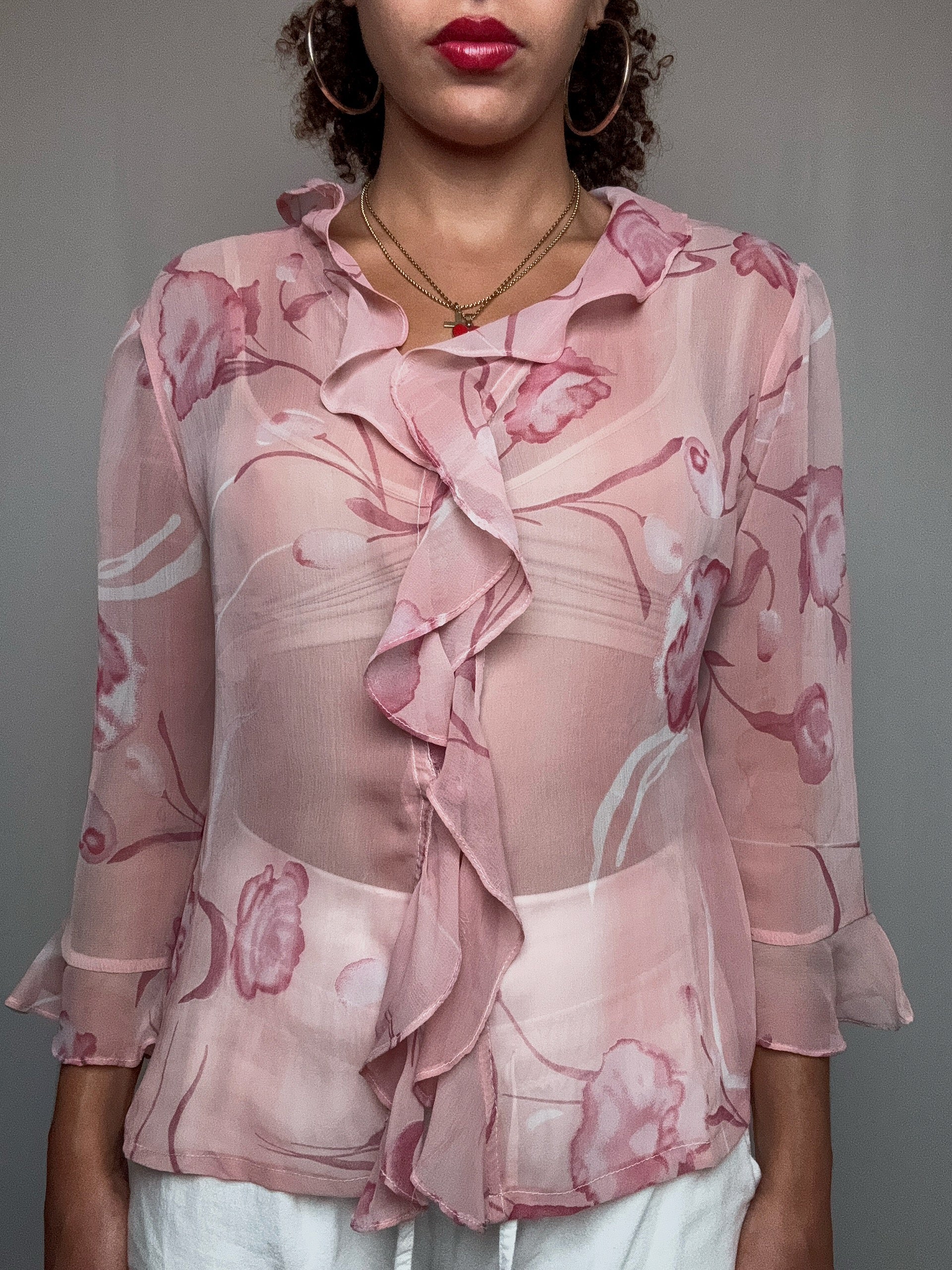Chemisier à volants rose M vintage