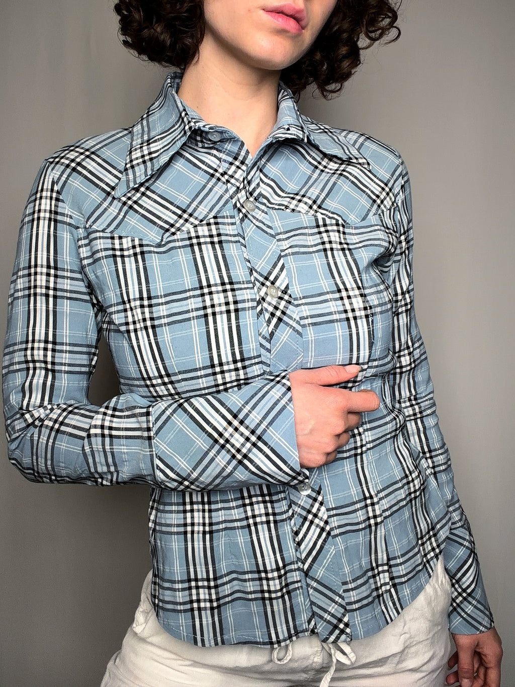 Chemise ajustée bleu à carreaux M/L vintage