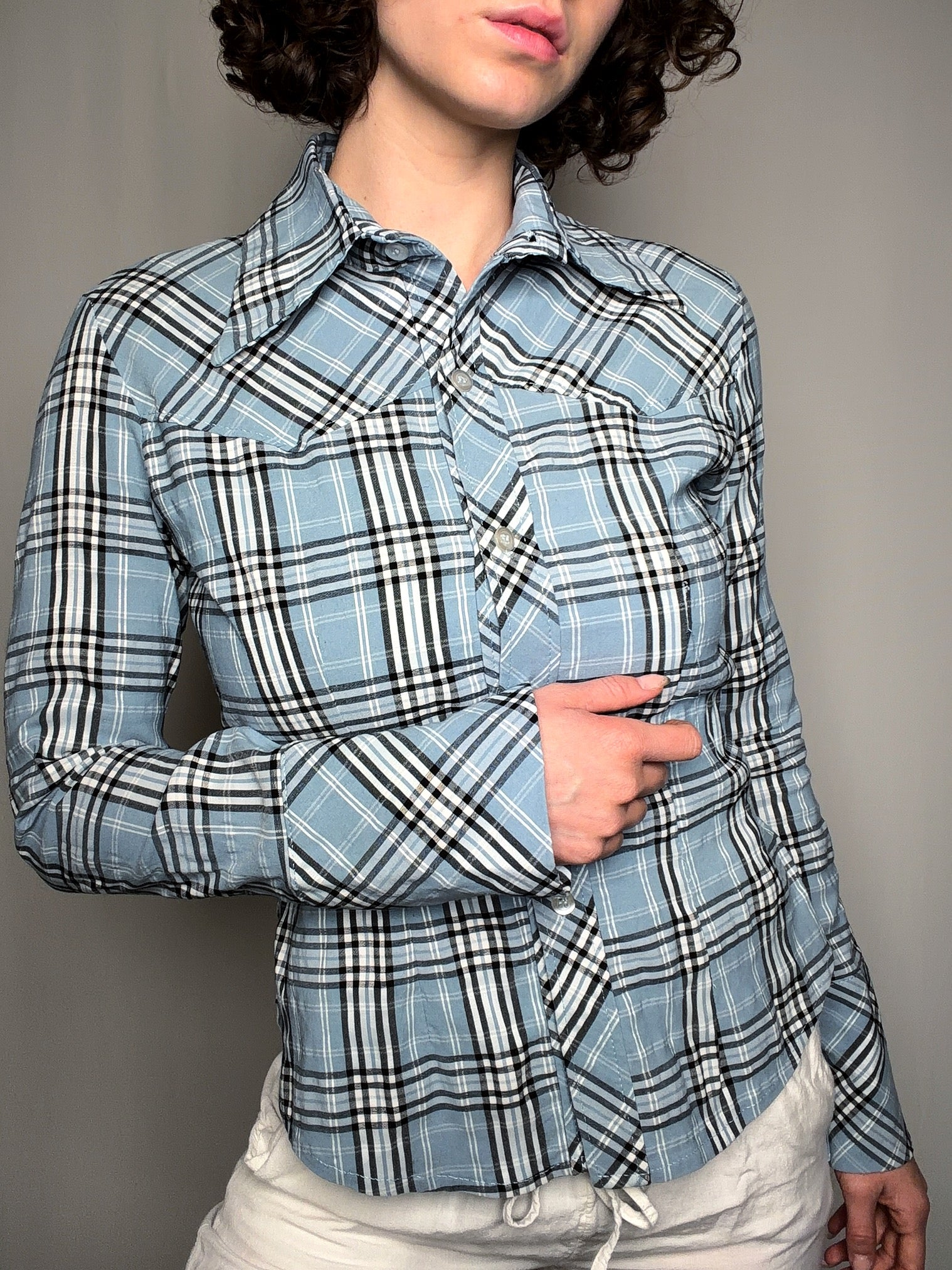 Chemise ajustée bleu à carreaux M/L vintage