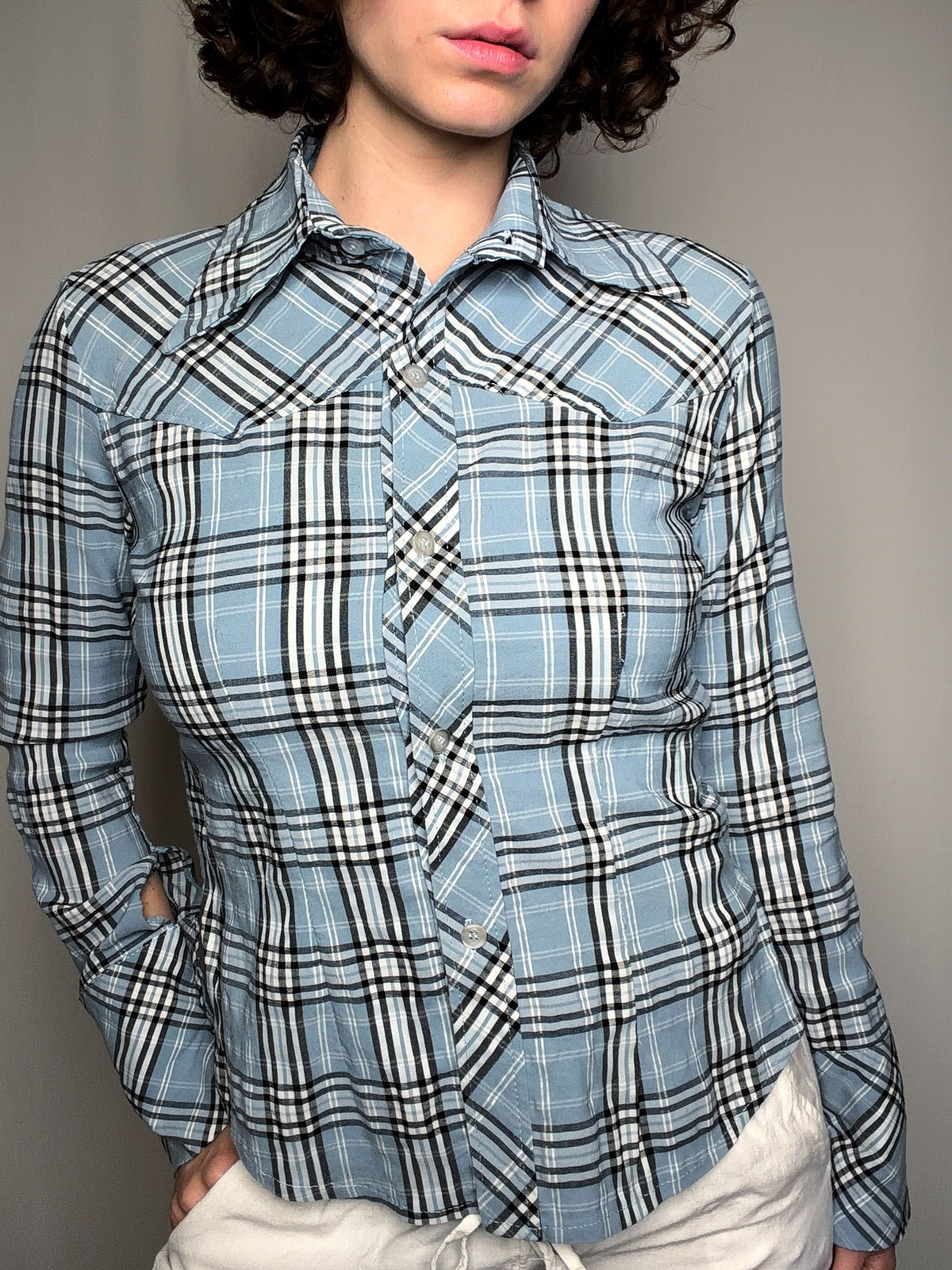 Chemise ajustée bleu à carreaux M/L vintage