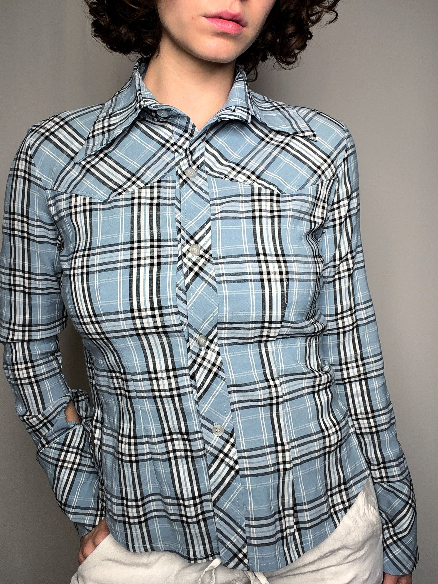 Chemise ajustée bleu à carreaux M/L vintage