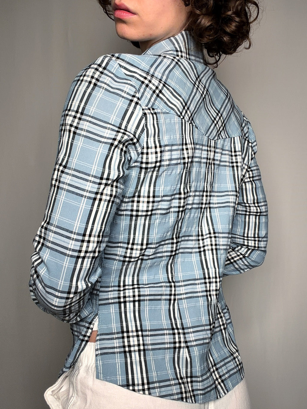Chemise ajustée bleu à carreaux M/L vintage