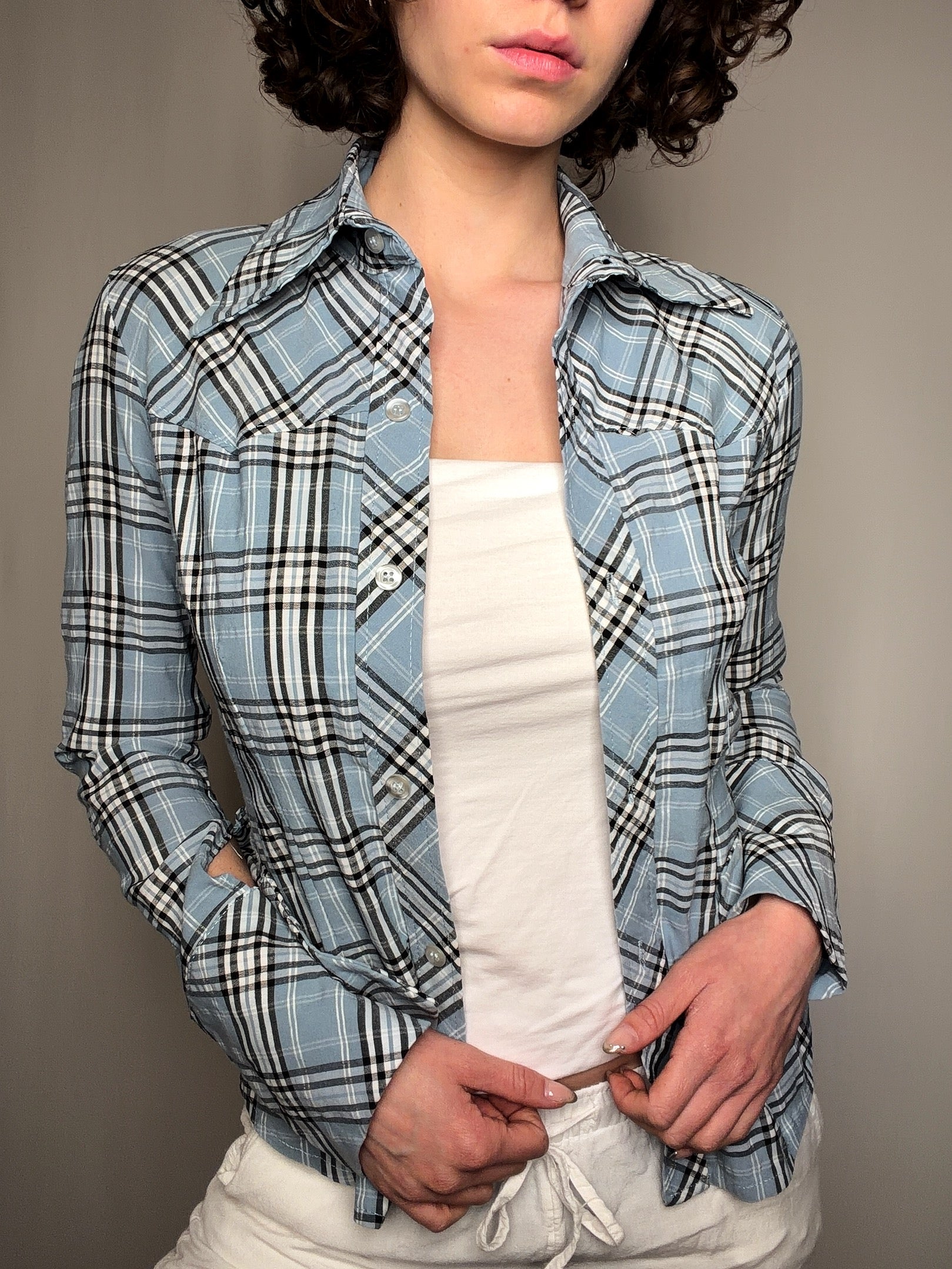Chemise ajustée bleu à carreaux M/L vintage