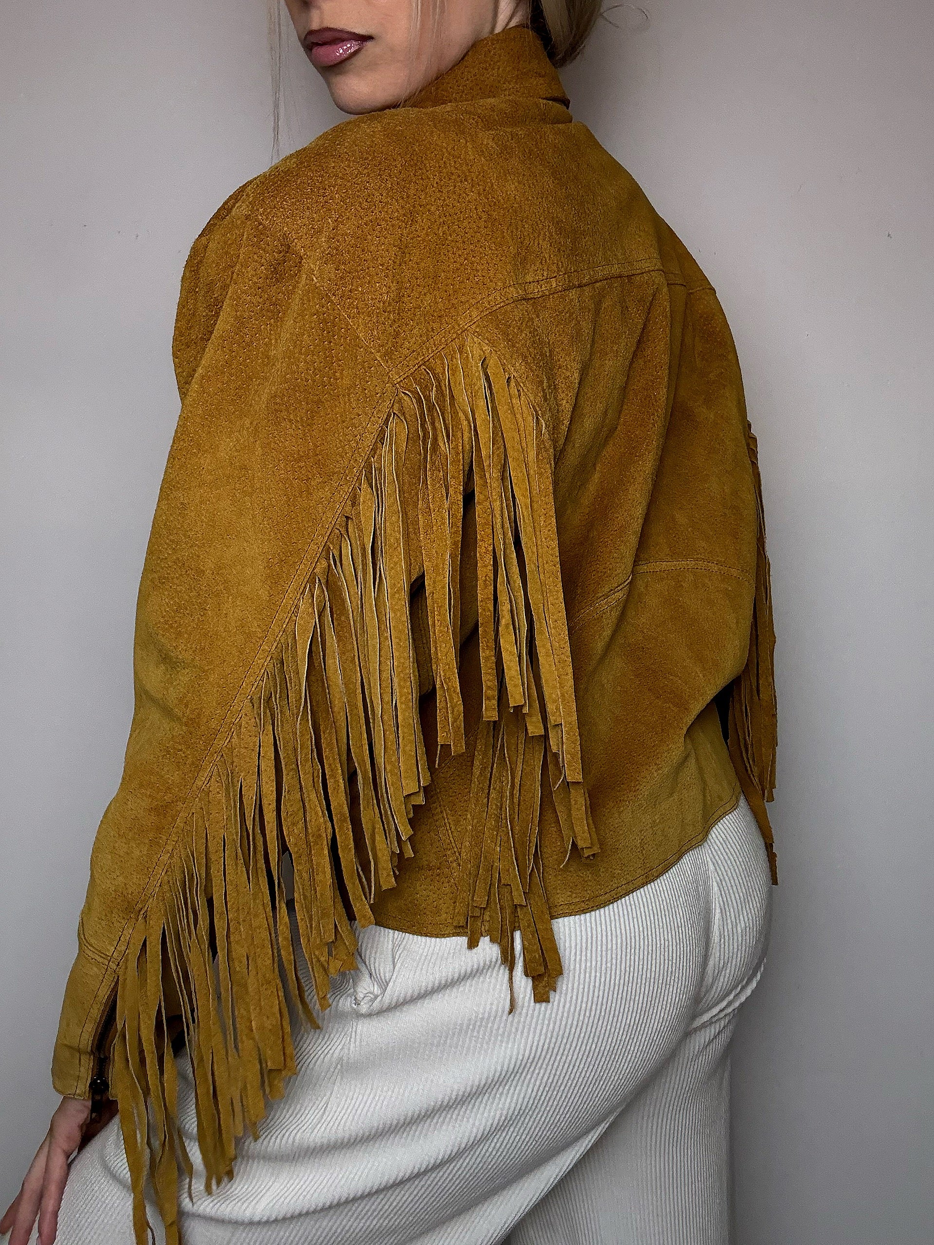 Veste effet daim à frange camel L/XL vintage