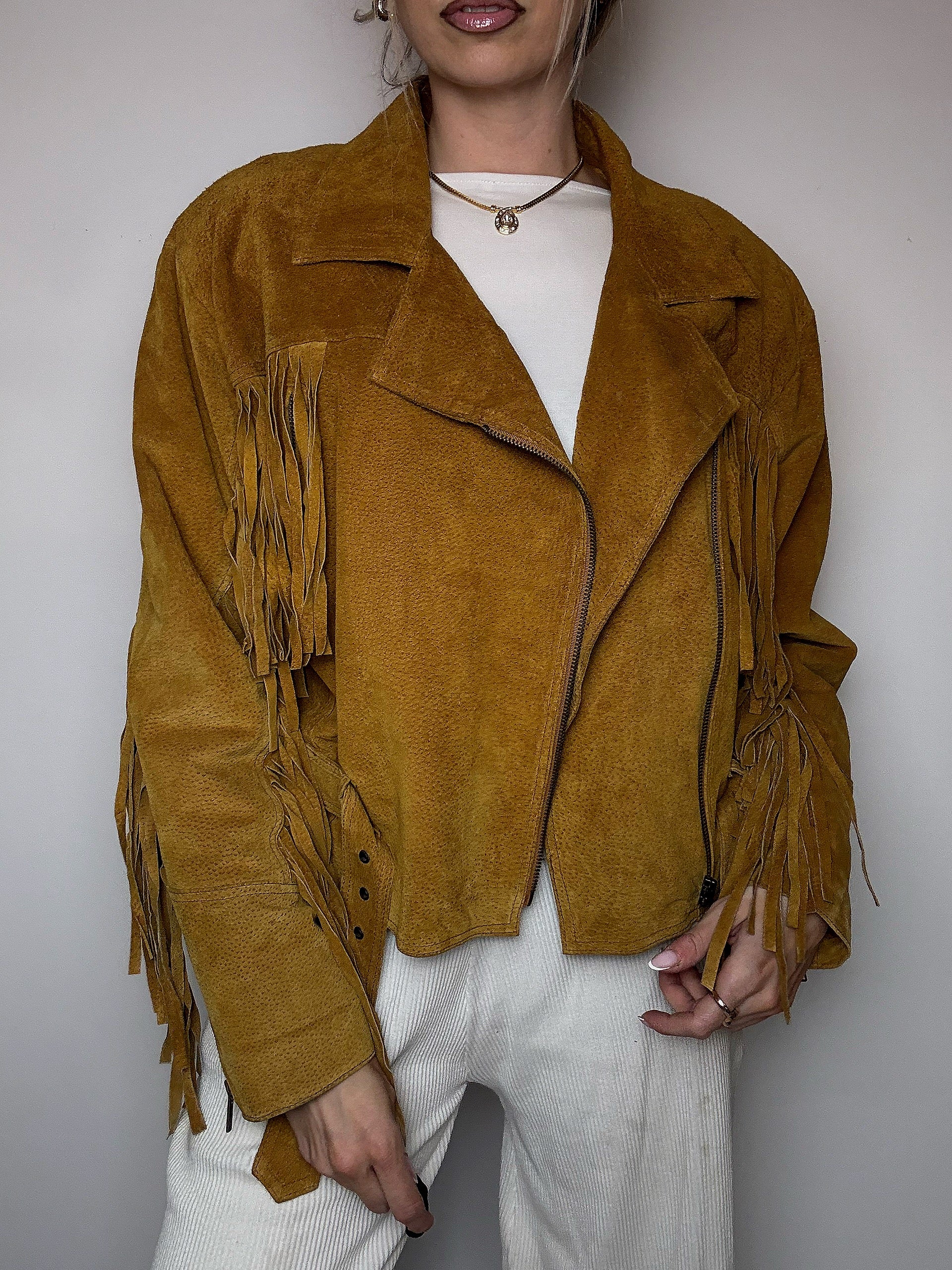 Veste effet daim à frange camel L/XL vintage