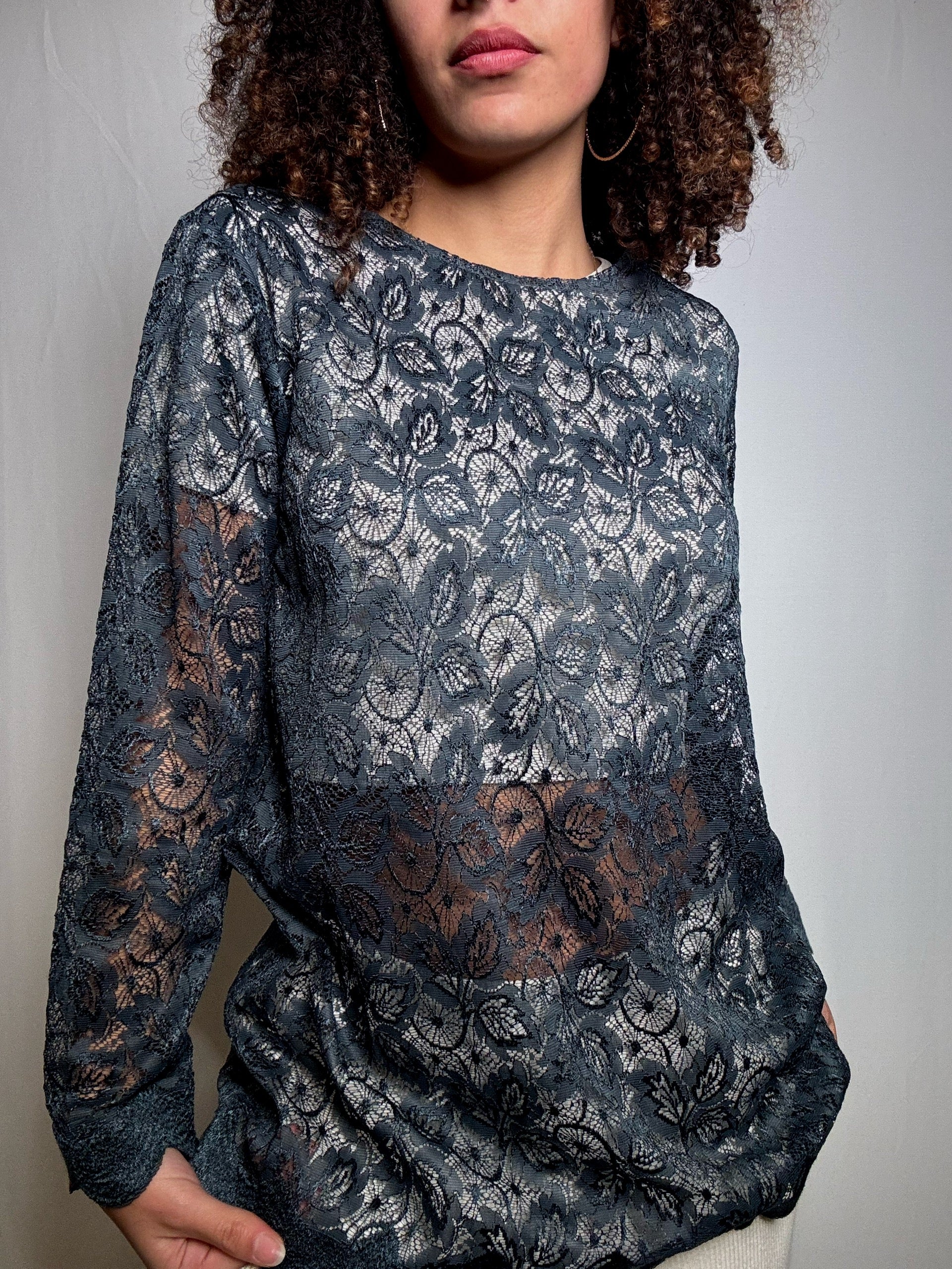 Top en dentelle vert canard L vintage