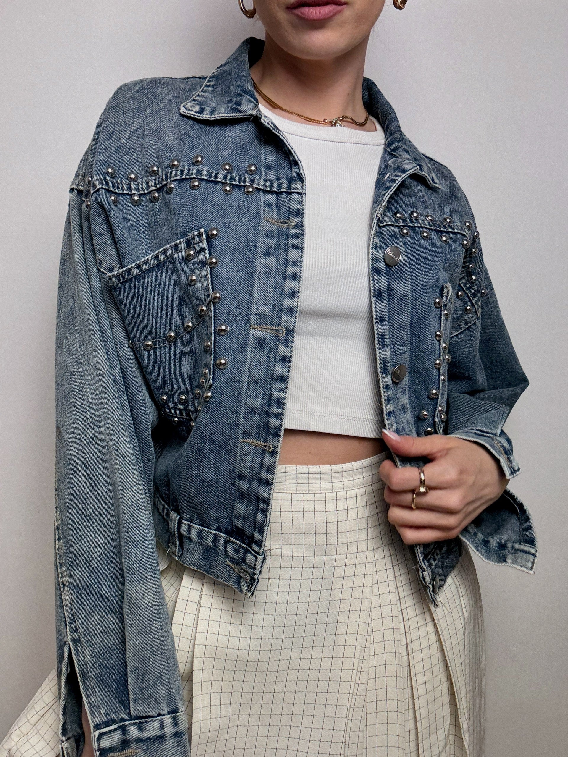 Veste en denim bleu à clou S/M vintage