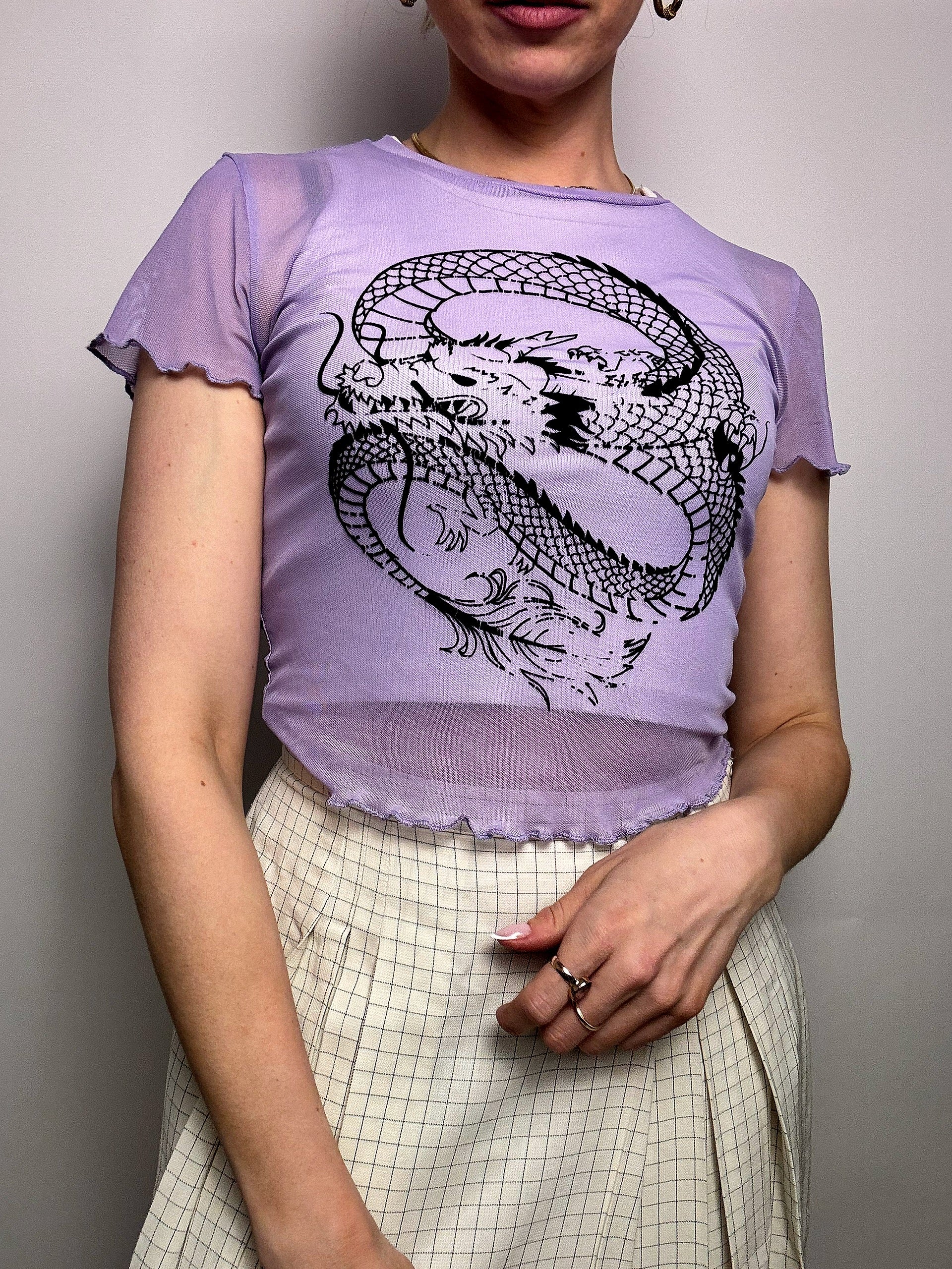 Top en mesh violet avec dragon LA SHADY M vintage