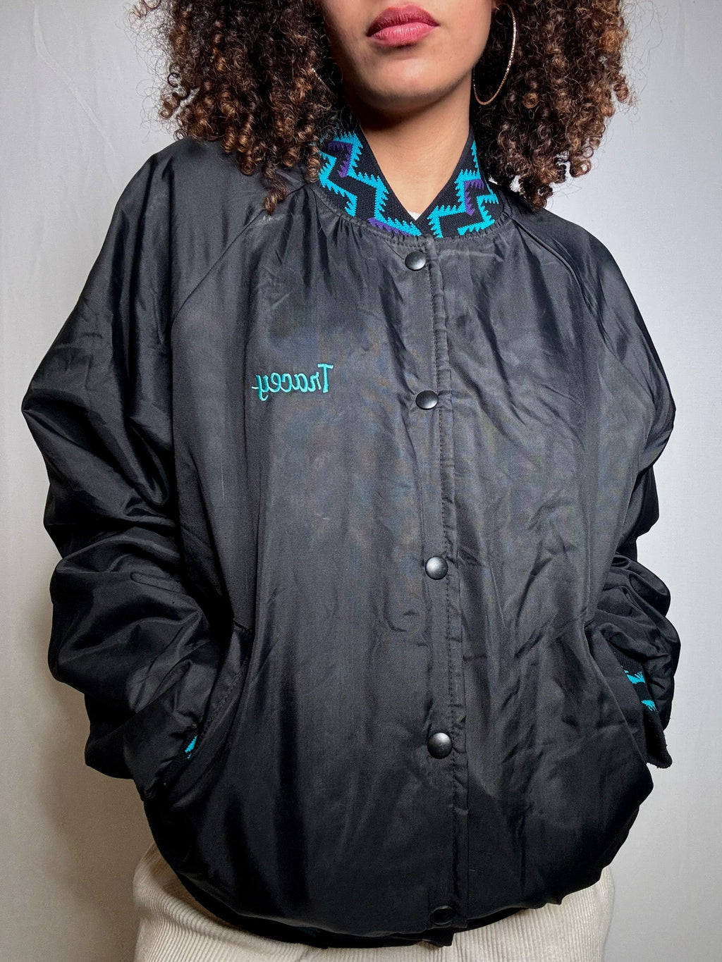 Vintage black graphic M bomber
