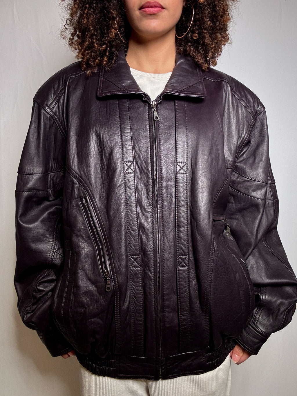 Vintage XL burgundy leather bomber jacket