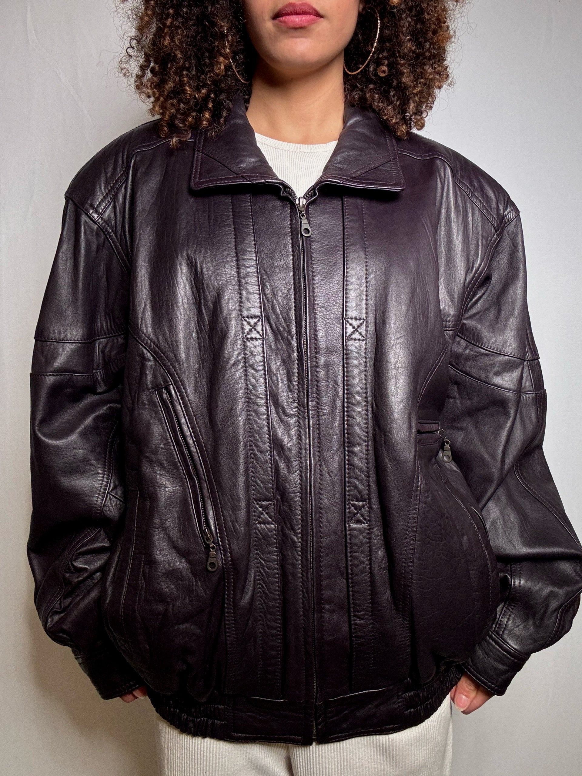Vintage XL burgundy leather bomber jacket
