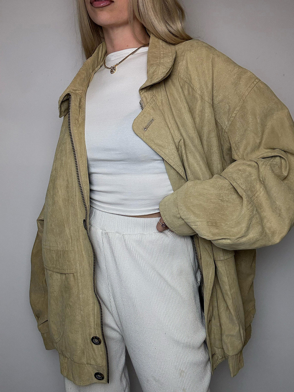 Vintage beigefarbene Pfirsichhautjacke XXL