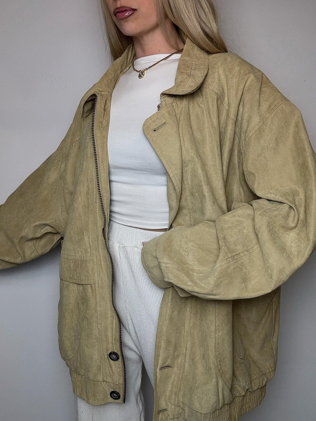 Vintage beigefarbene Pfirsichhautjacke XXL