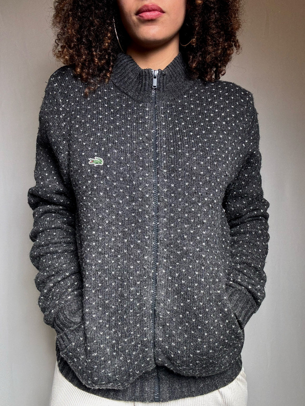 Cardigan zippé gris Lacoste M vintage