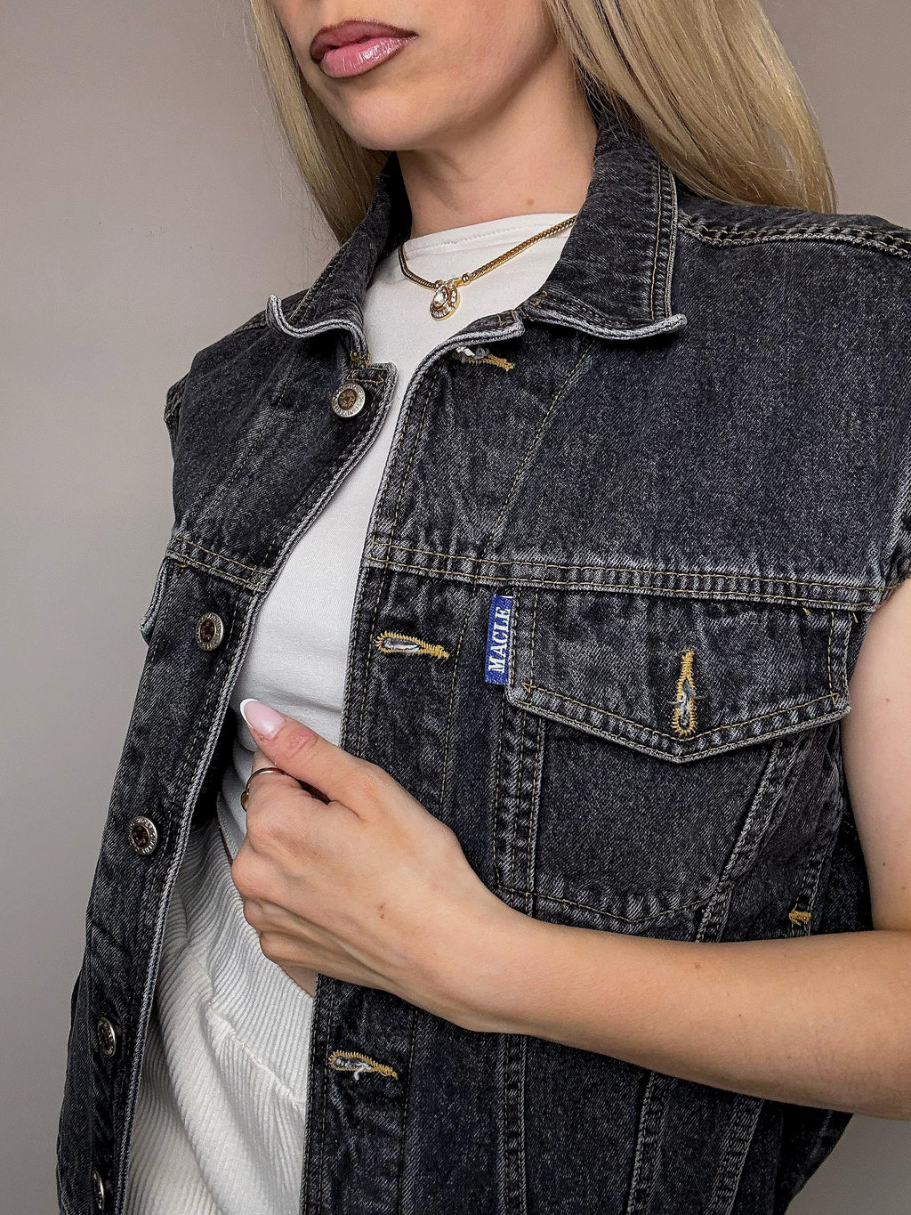 Vintage graue ärmellose Jeansjacke, Größe L