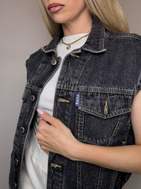 Vintage graue ärmellose Jeansjacke, Größe L
