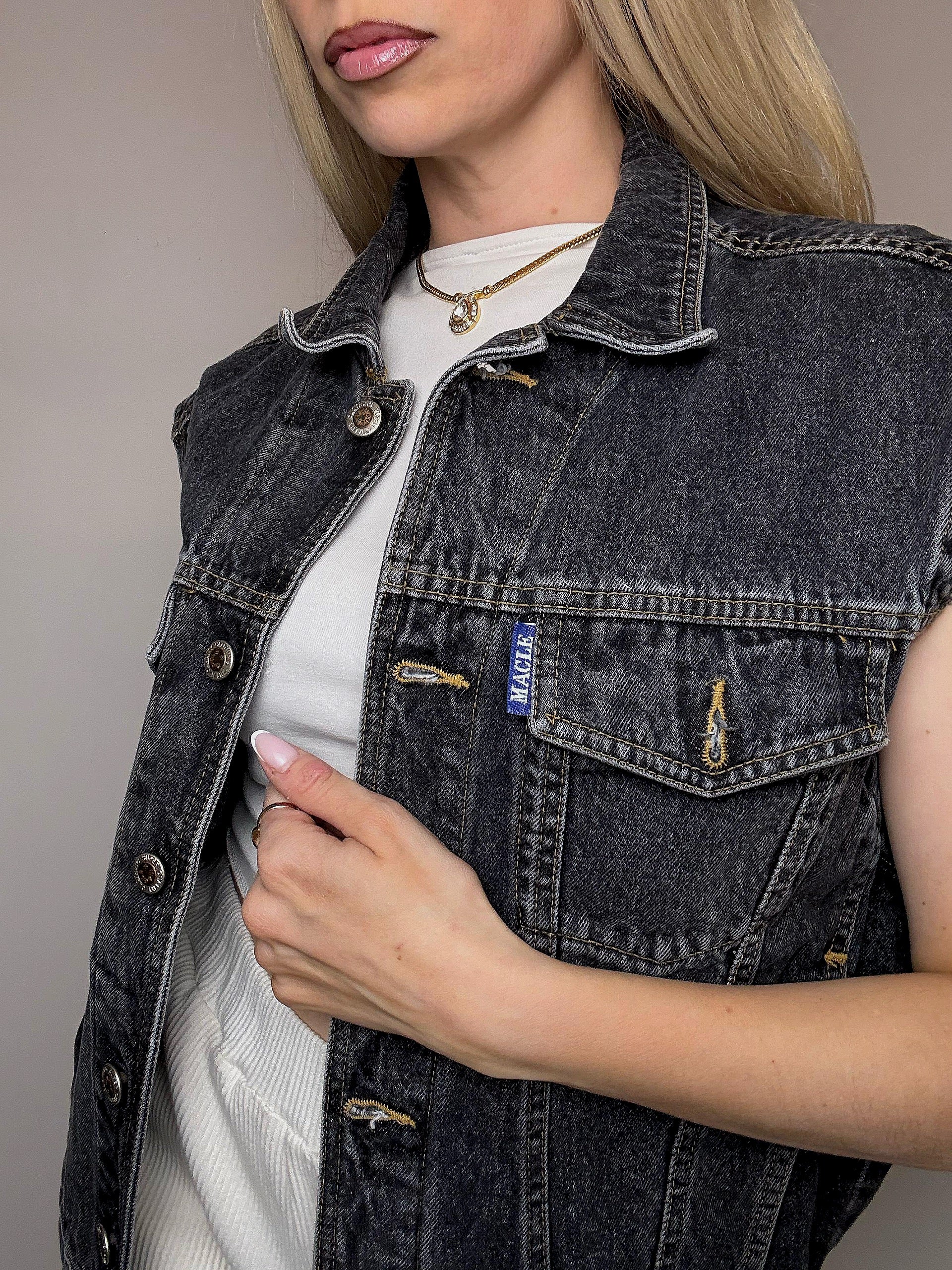 Vintage graue ärmellose Jeansjacke, Größe L