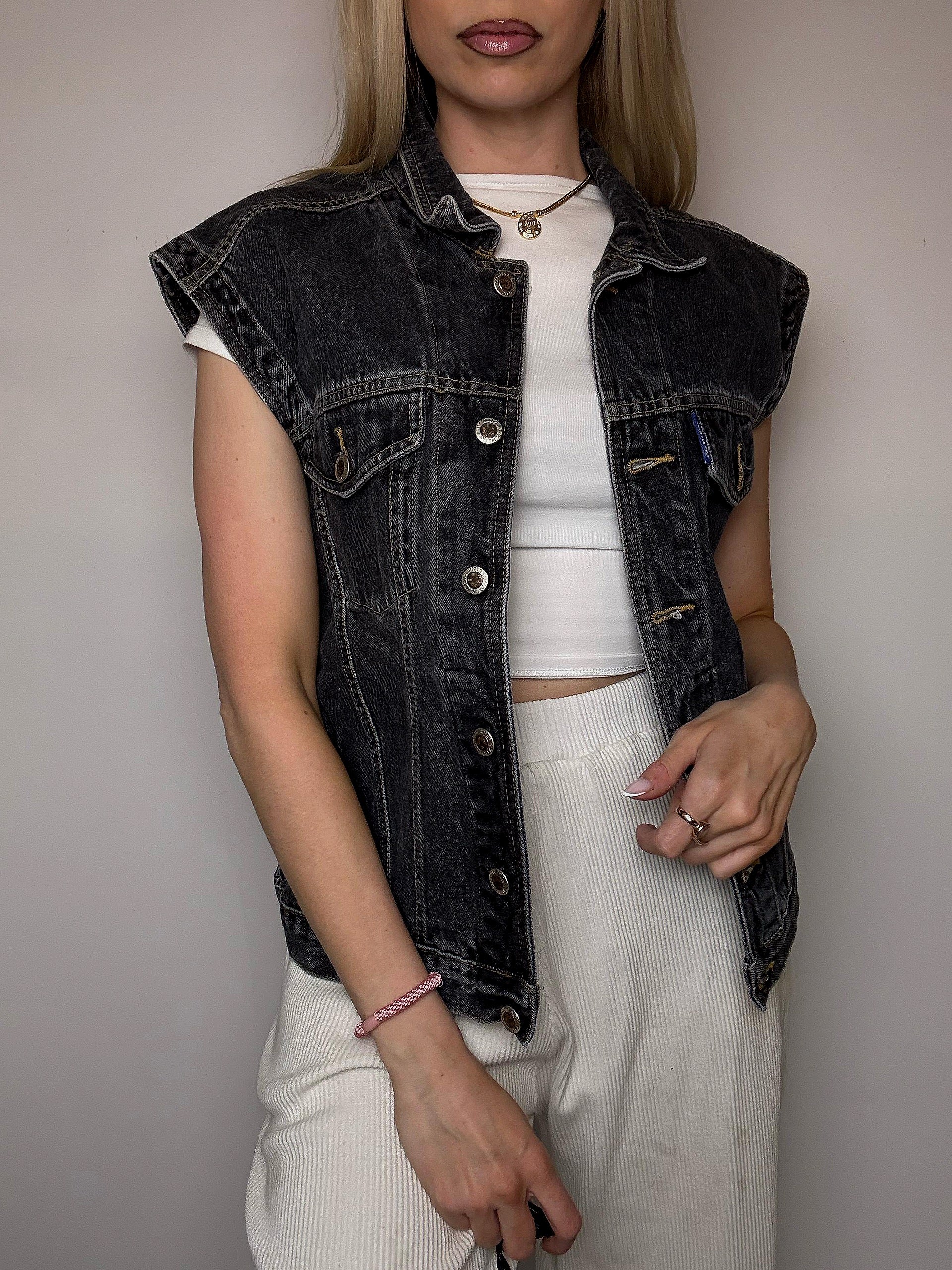 Vintage graue ärmellose Jeansjacke, Größe L