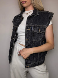 Vintage graue ärmellose Jeansjacke, Größe L