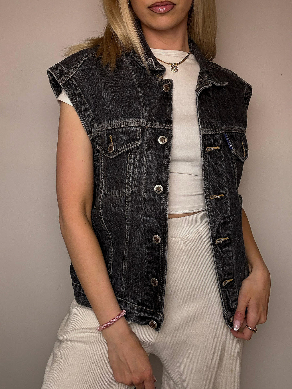 Vintage graue ärmellose Jeansjacke, Größe L