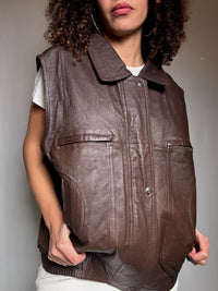 Bomber sans manche brun en cuir XL vintage
