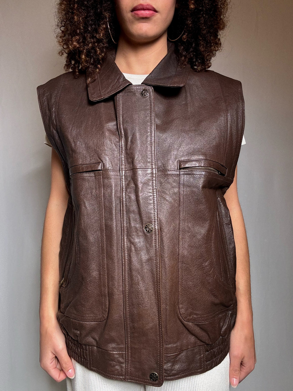 Bomber sans manche brun en cuir XL vintage