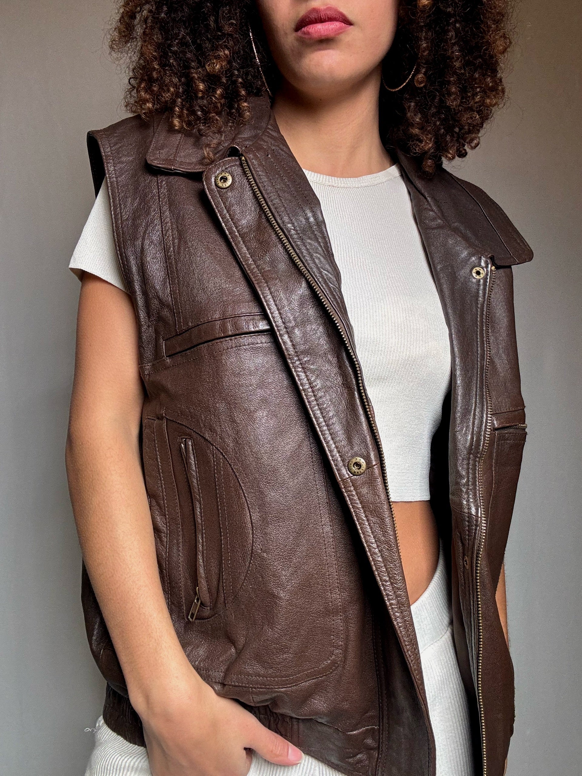 Bomber sans manche brun en cuir XL vintage