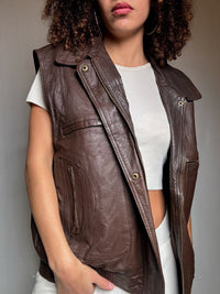 Bomber sans manche brun en cuir XL vintage