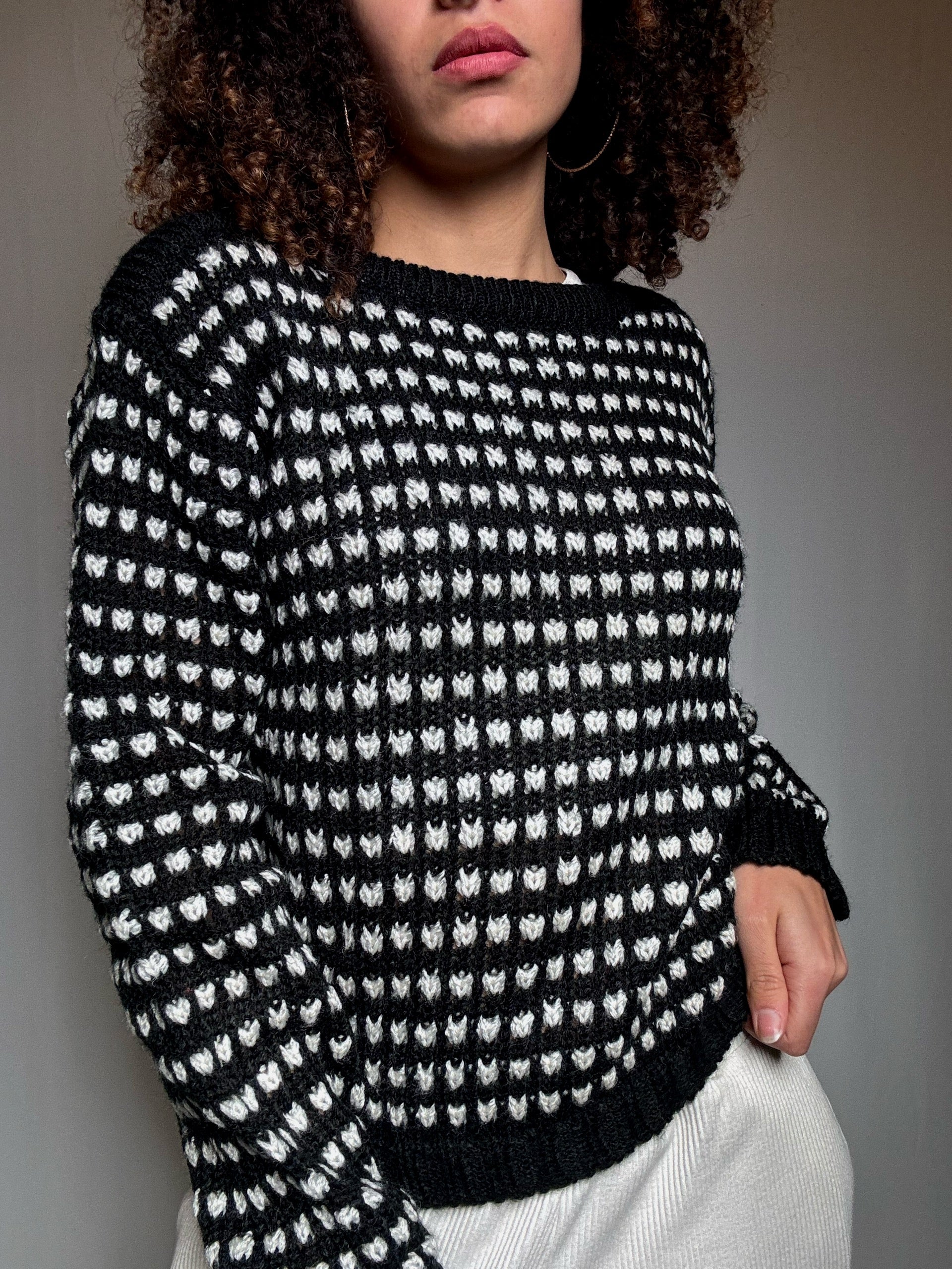 Pull en maille noire et blanche S vintage