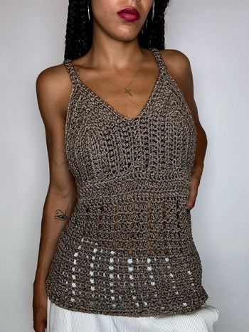 Top à bretelles en crochet kaki S/M vintage