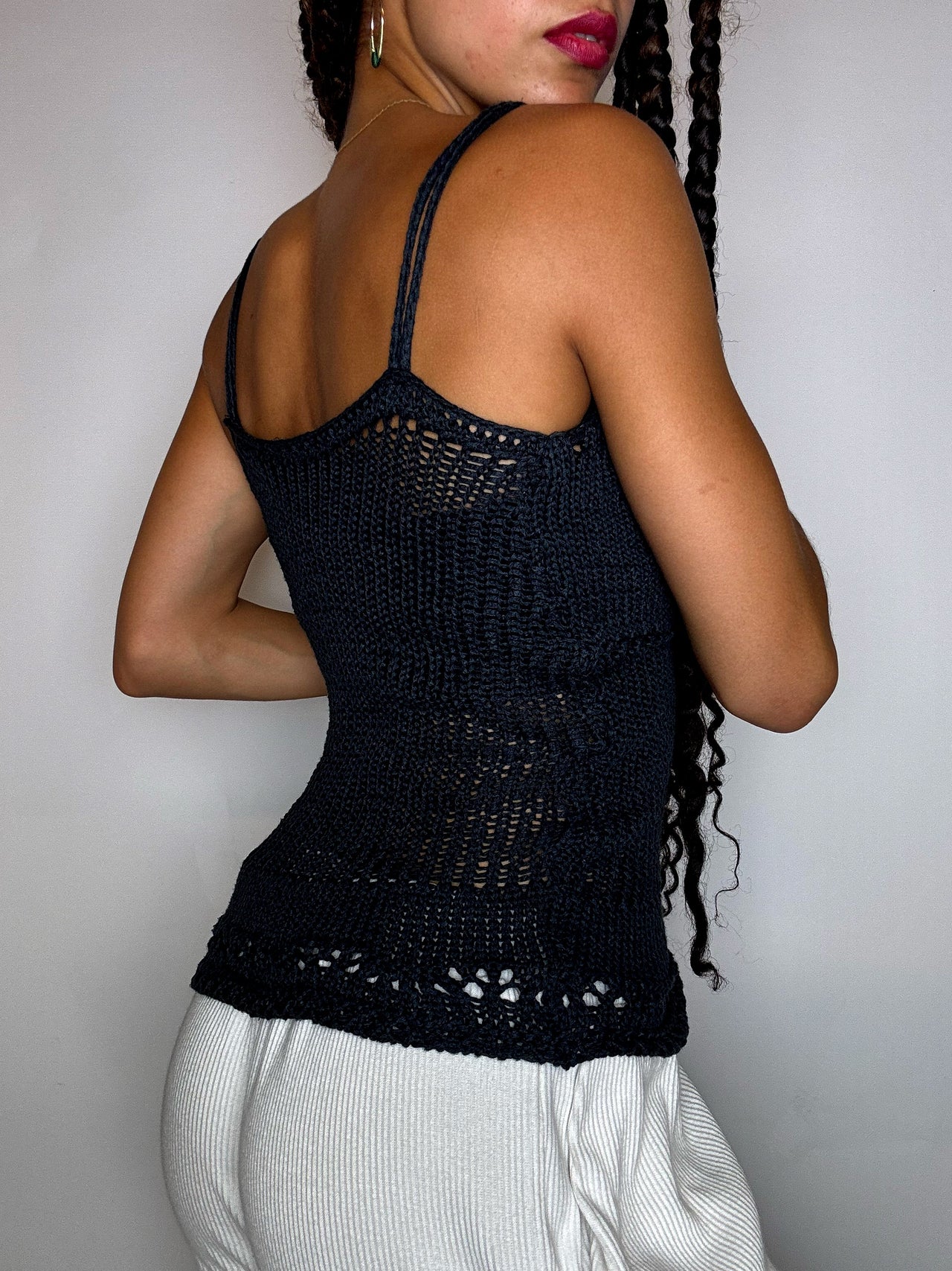 Top à bretelles en crochet noir S vintage
